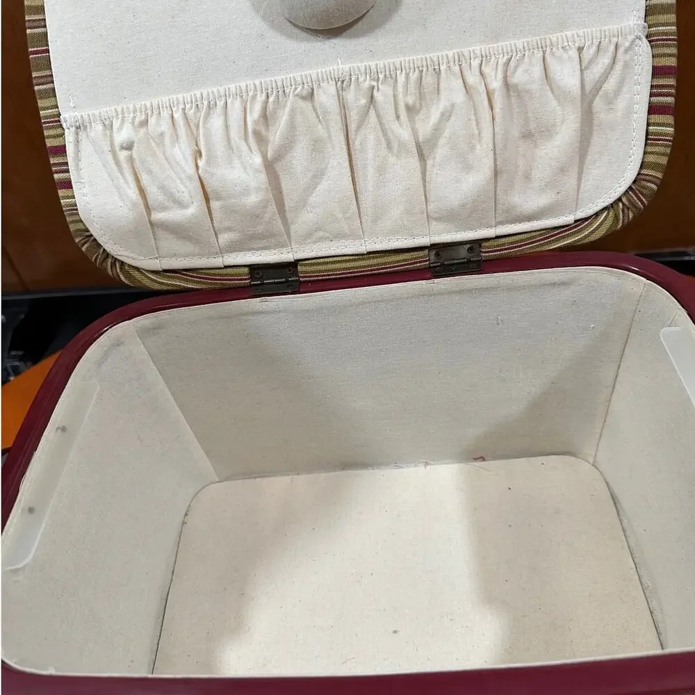 Vintage Striped Fabric Covered Sewing Box/Tote with Lining and Tray